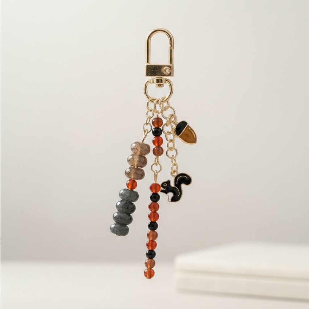 Adorable Handmade Beaded Bag Charm Keychain with Squirrel Charm
